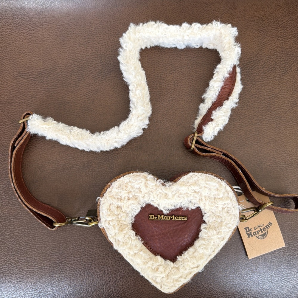 Dr. Martens Mini Heart Shaped Crossbody‎ Faux Fur Bag Cashew Ambassador Leather